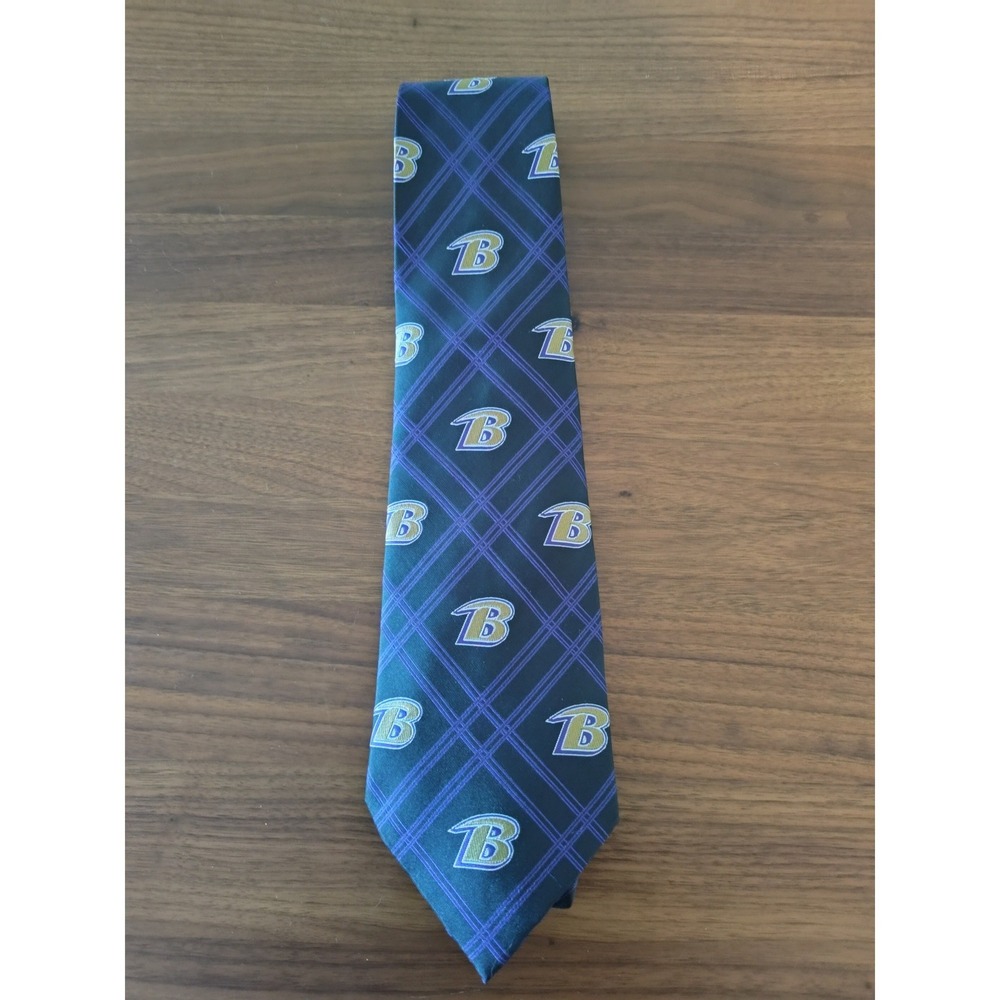 Baltimore Ravens NFL Mens Necktie Purple Black Gold Logo Grid Pattern Polyester‎